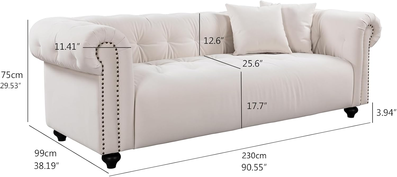 90.55" Sofa,Retro Velvet Couch,3 Seater Tufted Sofa with 2 Pillows,Deep Seat Upholstered Classic Rolled Arms Couch for Small Spaces,Living Room,Apartment (White) - Image 2