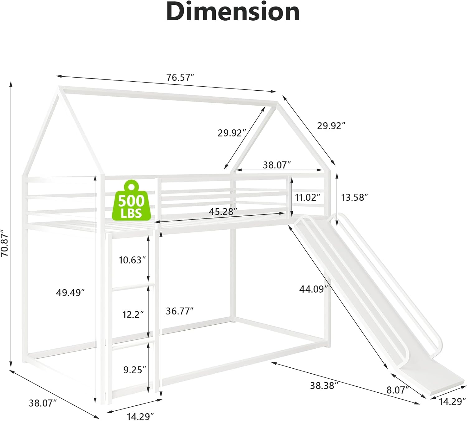 Twin-Over-Twin Low Bunk Bed with Convertible Slide,Montessori Floor Bunk Bed Frame with Full-Length Guardrail,Heavy Duty Metal Bed with House Shape and Roof for Toddlers,White - Image 2