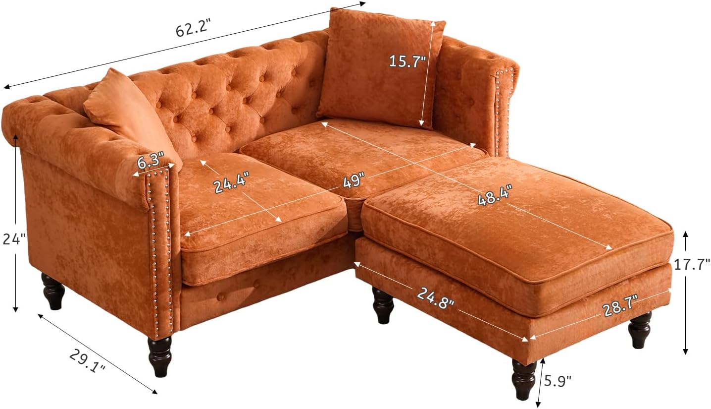 62 inch Convertible Sectional Sofa, Upholstery Retro Loveseat Couch with Ottoman, Mid-Century Modern L-Shape Couch 2 Seater Sofa for Living Room Bedroom (Velvet, Orange) - Image 2
