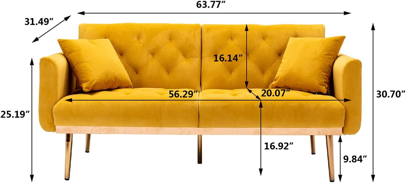 Velvet Futon Sofa Bed with 3 Adjustable Positions, Small Sleeper Sofa Loveseat with 2 Decorative Pillows, Modern Upholstered Convertible Couch with 5 Metal Tapered Legs (Mango Color) - Image 2