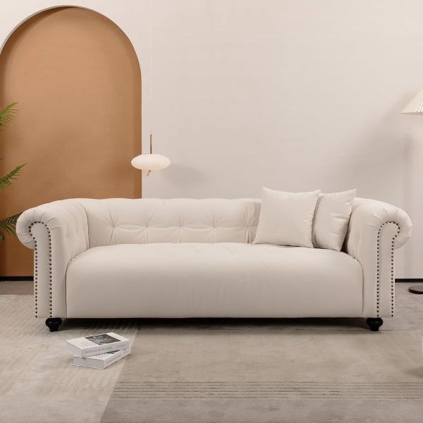 90.55"  Sofa,Retro Velvet Couch,3 Seater Tufted Sofa with 2 Pillows,Deep Seat Upholstered Classic Rolled Arms Couch for Small Spaces,Living Room,Apartment (White)