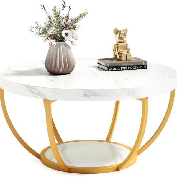 Round Coffee Table, 32" Circle Faux Marble Coffee Tables for Living Room, 2-Tier Golden Metal Legs Accent Center Table with Open Storage Modern Design Home Furniture (White and Gold)