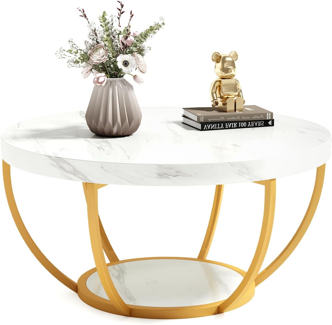 Round Coffee Table, 32" Circle Faux Marble Coffee Tables for Living Room, 2-Tier Golden Metal Legs Accent Center Table with Open Storage Modern Design Home Furniture (White and Gold)