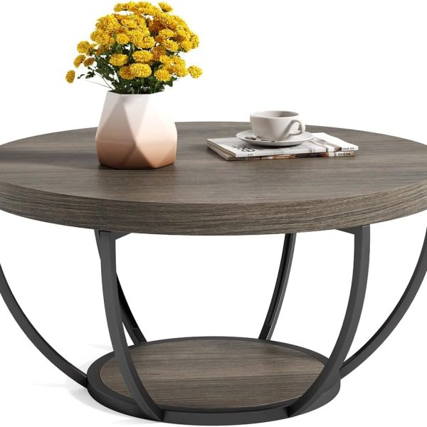 Round Coffee Table, 32" Circle Coffee Table for Living Room, 2-Tier Wood Accent Center Table with Open Storage Industrial Design Home Furniture (Grey and Black)