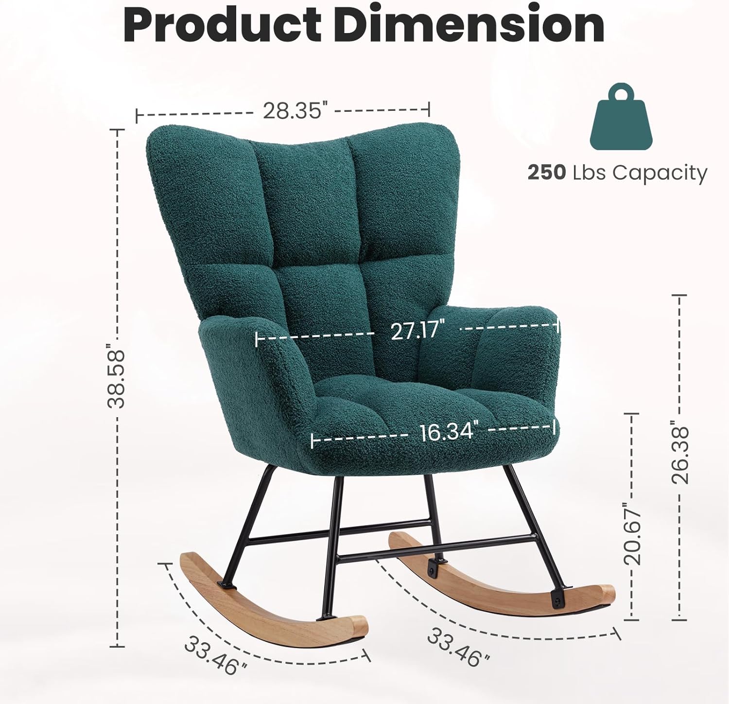 Rocking Chair, Soft Glider, Ergonomic Modern Accent Reading Recliner, Teddy Fabric with Armrest & Wide Backrest for Nursery, Living Room, Bedroom, Balcony, Green - Image 2