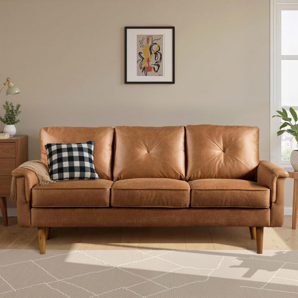Luxury 3 Seater Sofa with Faux Leather,Mid-Century Modern Couch with Comfortable Armrest,Comfy Couches with Deep Seat,Small Sofas for Living Room Bedroom (Light Brown)
