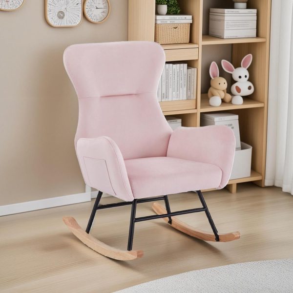 Nursery Rocking Chair,Upholstered Glider Rocker with High Backrest for Living Rooms, Bedrooms, Offices (Pink Velvet)