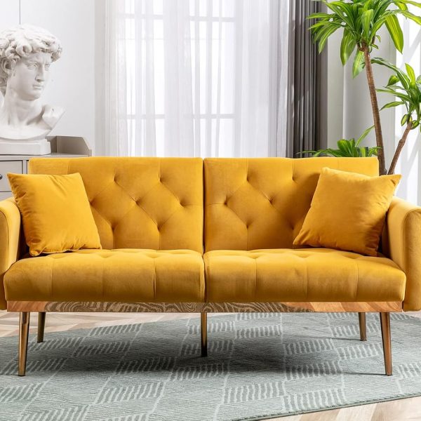 Velvet Futon Sofa Bed with 3 Adjustable Positions, Small Sleeper Sofa Loveseat with 2 Decorative Pillows, Modern Upholstered Convertible Couch with 5 Metal Tapered Legs (Mango Color)