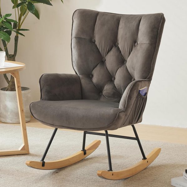 Rocking Chair Nursery Velvet Glider Rocker with High Backrest Accent Rocking Armchair with Side Pockets for Living Room, Bedroom, Nursery, Home Office, Dark Grey
