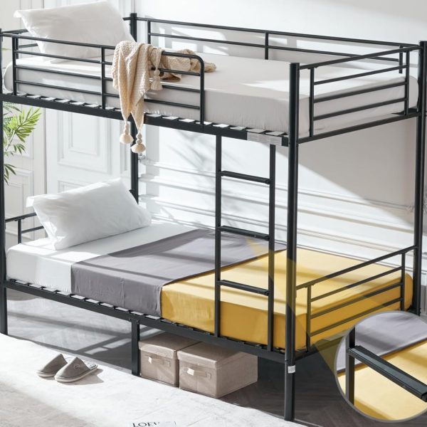 Bunk Bed Twin Over Twin for Kids, Teens & Adults Bunk Bed with Stairs & Flat Rungs, Heavy Duty Metal Slats, No Box Spring Needed, Black