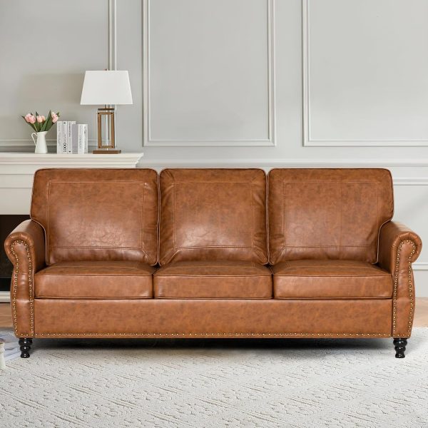 80" Mid-Century Faux Leather Sofa with Nailhead Trim, Comfortable 3 Seater Couch with Upholstered Cushions, Retro Modern Sofa with Deeper Seat for Living Room, Office, Apartment, Brown