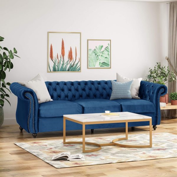 Upholstered  Sofa, Classic Retro Style 3 Seater Rolled Arm Couch for Living Room Bedroom Office, Navy Blue