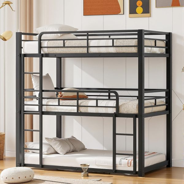 Heavy Duty Triple Bunk Bed, Twin Over Twin Over Twin Metal Bunkbeds with Ladder, Family-Friendly for All Ages, Bedroom, No Box Spring Needed, Easy Assembly, Black