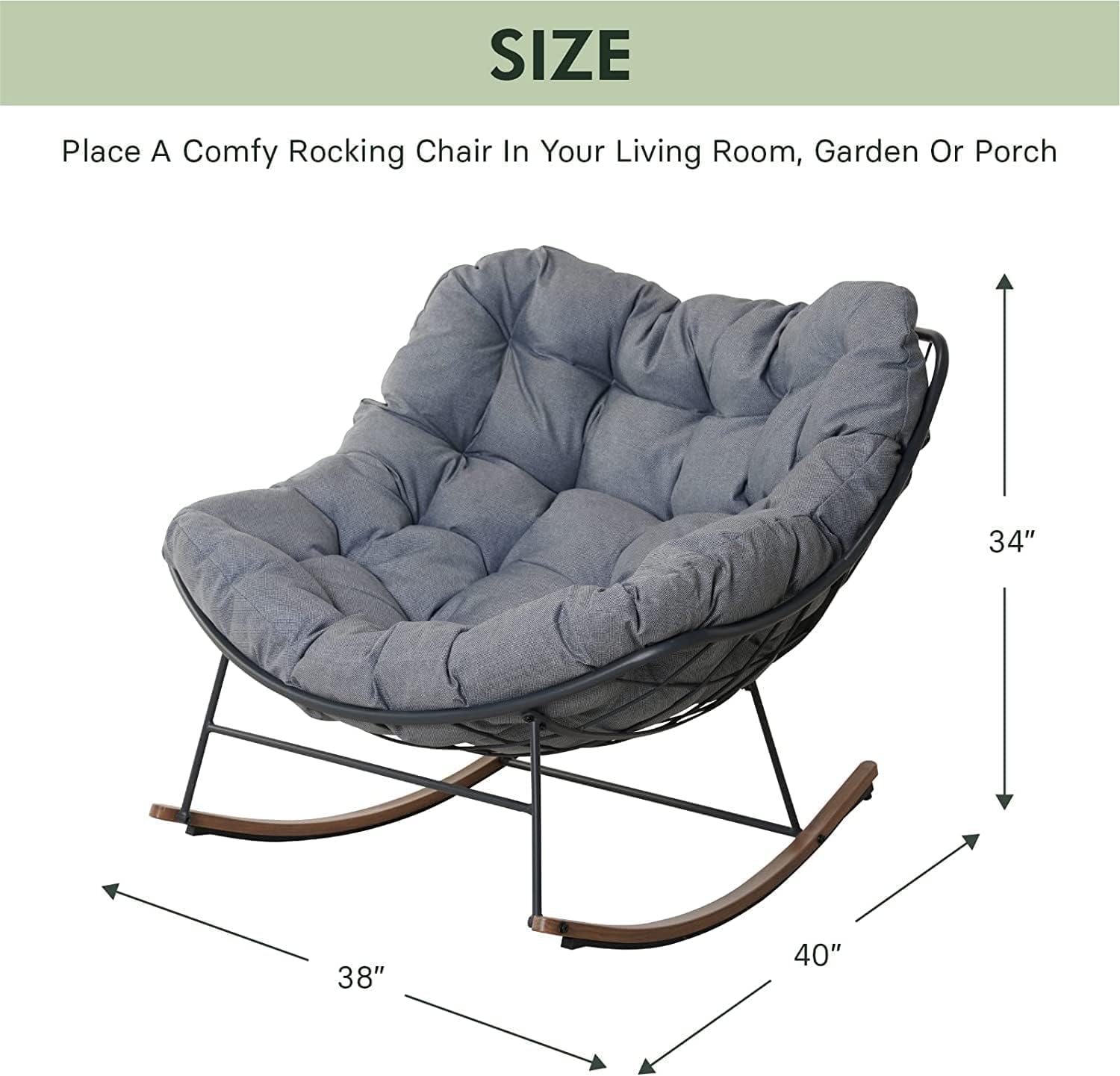 Outdoor Rocking Chair, E-Coated Modern Cozy Lounge Rocker Chair with Cushion for Balcony Porch Patio, Gray - Image 2