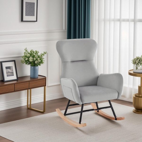 Nursery Rocking Chair,Upholstered Glider Rocker with High Backrest for Living Rooms, Bedrooms, Offices (Grey Velvet)