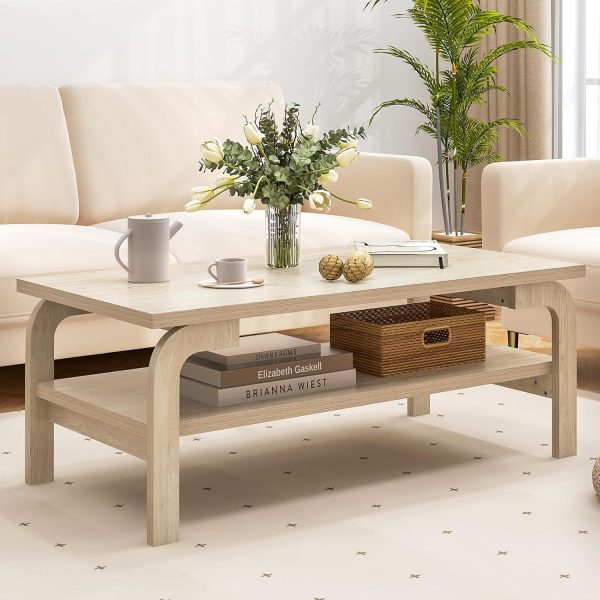 2-Tier Coffee Table with Storage, 47” Mid Century Rectangle Accent Table with Open Shelf, Large Tabletop & Curved Legs, Rustic Style Wood Cocktail Table, Center Table for Living Room, Natural