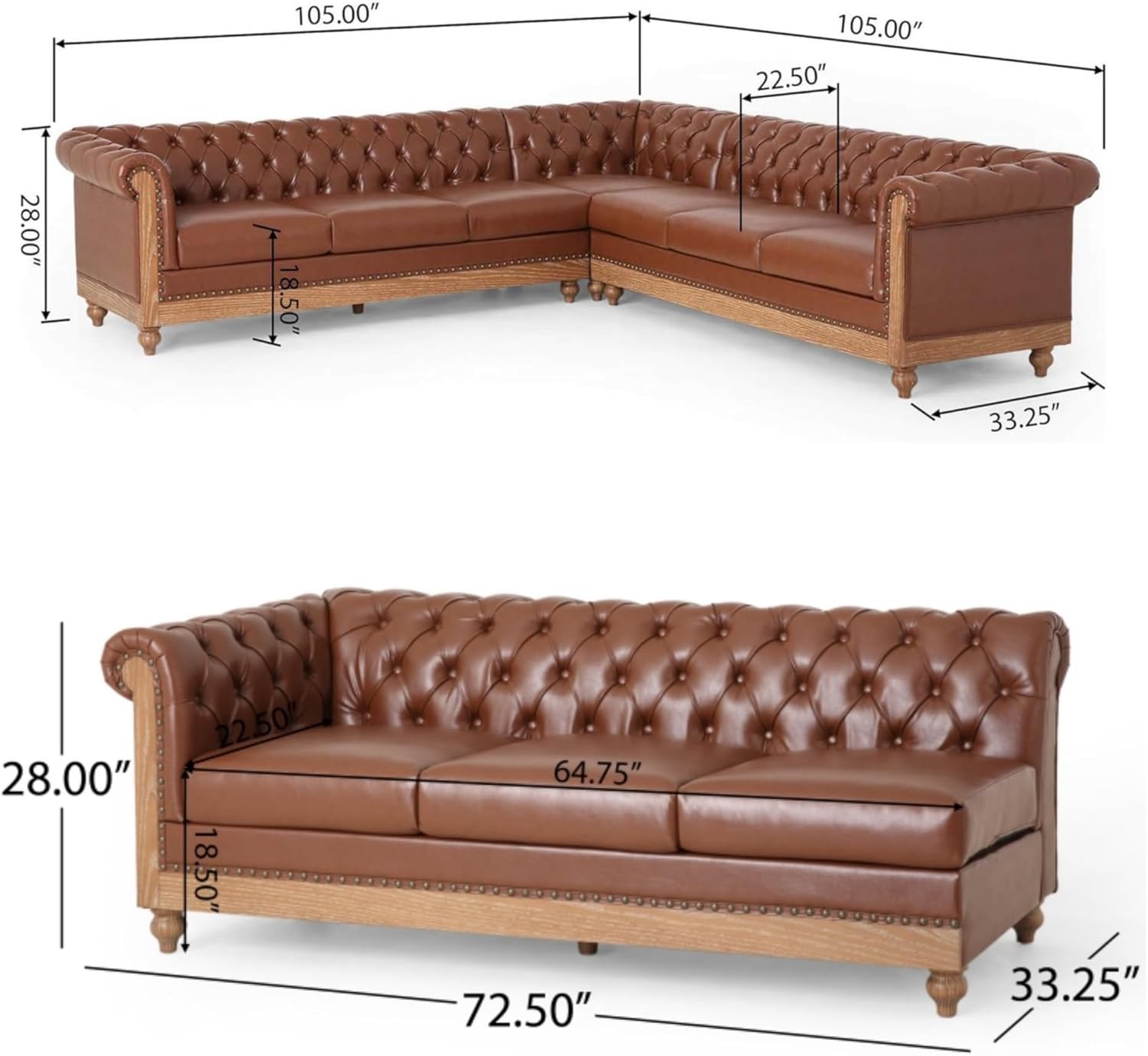 PU Sofa, Retro Style Upholstered 6 Seat Leather Rolled Arm Couch for Living Room Bedroom, Light Brown - Image 2