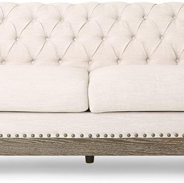 Sofa, Retro Style Upholstered 3 Seater Rolled Arm Couch for Living Room Bedroom Office, Beige