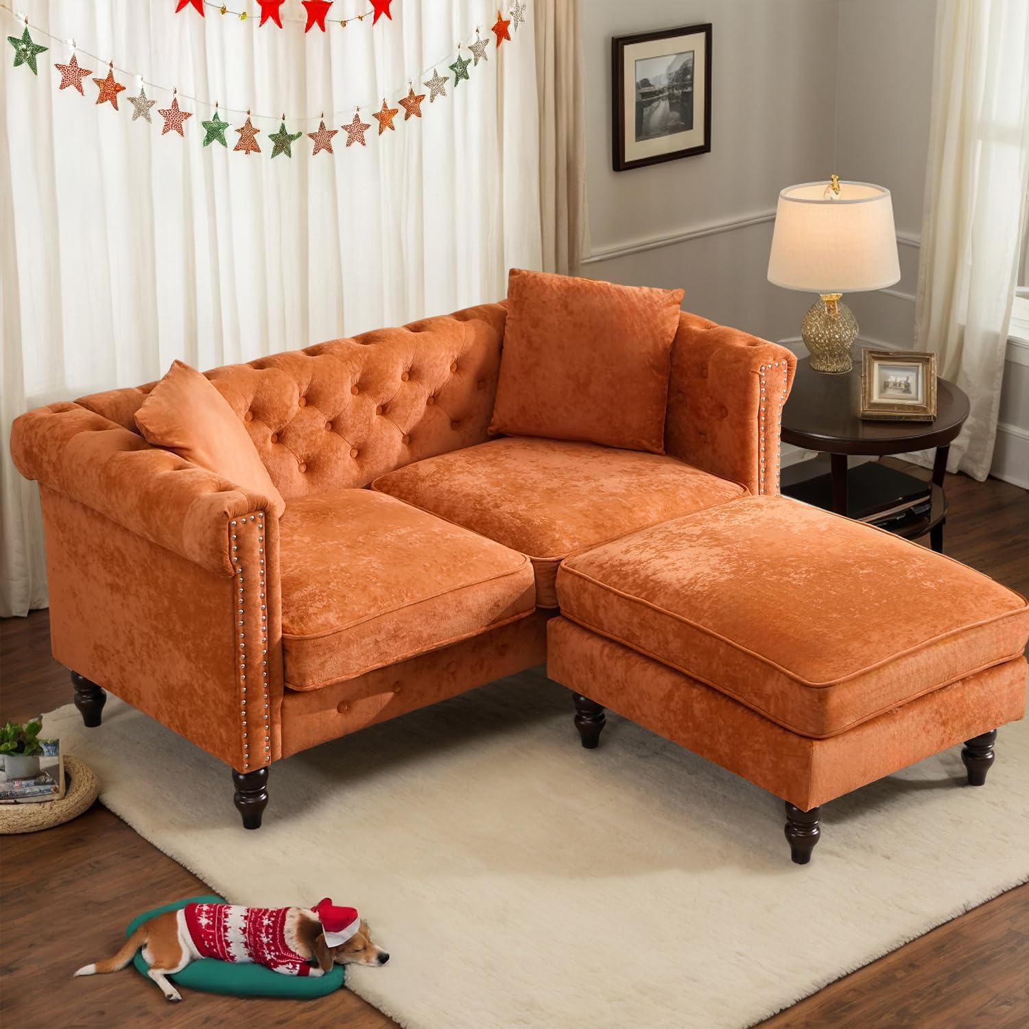 62 inch Convertible Sectional Sofa, Upholstery Retro Loveseat Couch with Ottoman, Mid-Century Modern L-Shape Couch 2 Seater Sofa for Living Room Bedroom (Velvet, Orange)