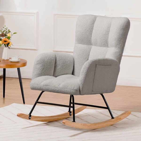 Nursery Rocking Chair, Teddy Upholstered Glider Rocking Chair with Side Pockets, Accent Chair with High Backrest Reading Chair for Adult, Nursery, Bedroom, Living Room,Offices (Grey)