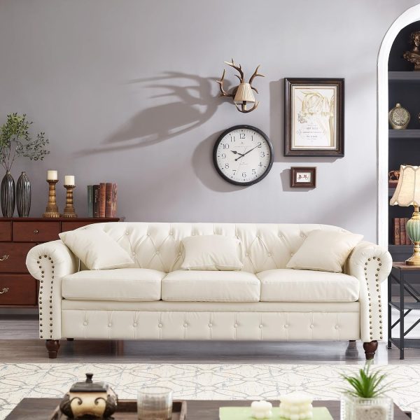 85.8"  Sofa, Retro Style Upholstered with Storage Faux Leather PU Couch with Rolled Arm, Nailhead for Living Room Bedroom Office Apartment, Ivory