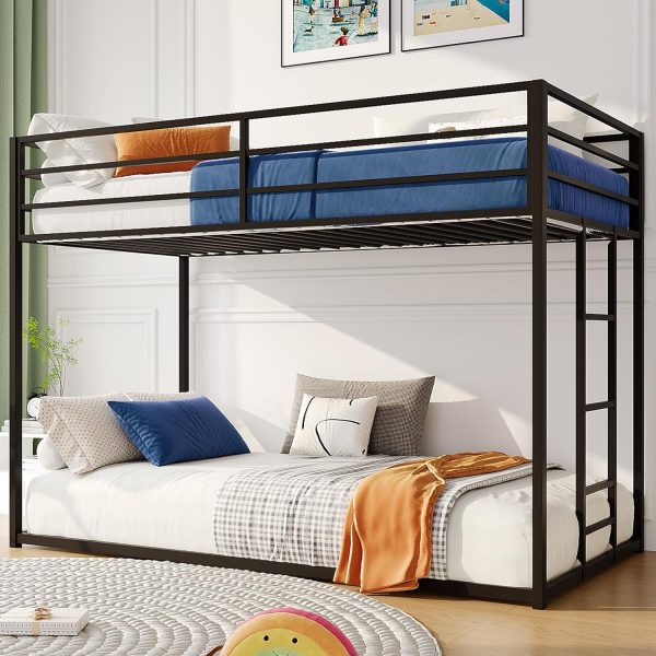 Twin Over Twin Low Bunk Bed Frame for Kids Teens Adults, Metal Heavy Duty Sturdy Bunk Bed with Guardrail & Convertible Ladder for Dorm Apartment Small Bedroom, No Box Spring Needed, Black