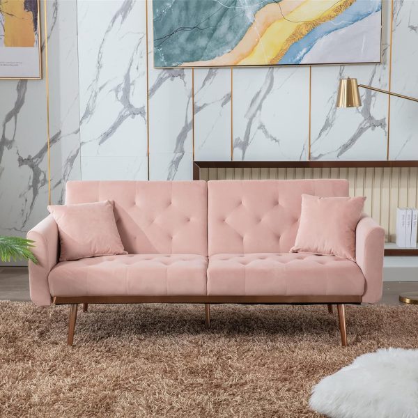 Velvet Futon Sofa Bed with 3 Adjustable Positions, Small Sleeper Sofa Loveseat with 2 Decorative Pillows, Modern Upholstered Convertible Couch with 5 Metal Tapered Legs (Pink)
