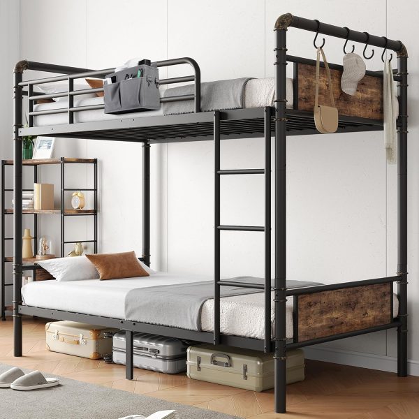 Bunk Bed Twin Over Twin, Heavy Duty Metal Bunkbeds with Ladder and Full-Length Guardrail, Convertible into 2 Individual Twin Beds for Kids, Teens, and Adults, Under-Bed Storage Space, Rustic Brown