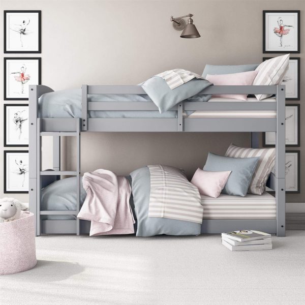 Convertible Low Wood Floor Bunk Bed, Stackable and Detachable Bed Frames for Kids, Solid Wood, with Ladder, High Guardrail, Wood Slats, No Boxspring Required, Twin-Over-Twin, Gray