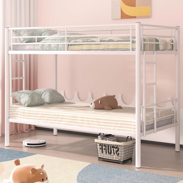 Bunk Bed Twin Over Twin, Metal Bunkbeds with Ladder and Full-Length Guardrail, No Box Spring Needed, Space Saving, Noise Free, White