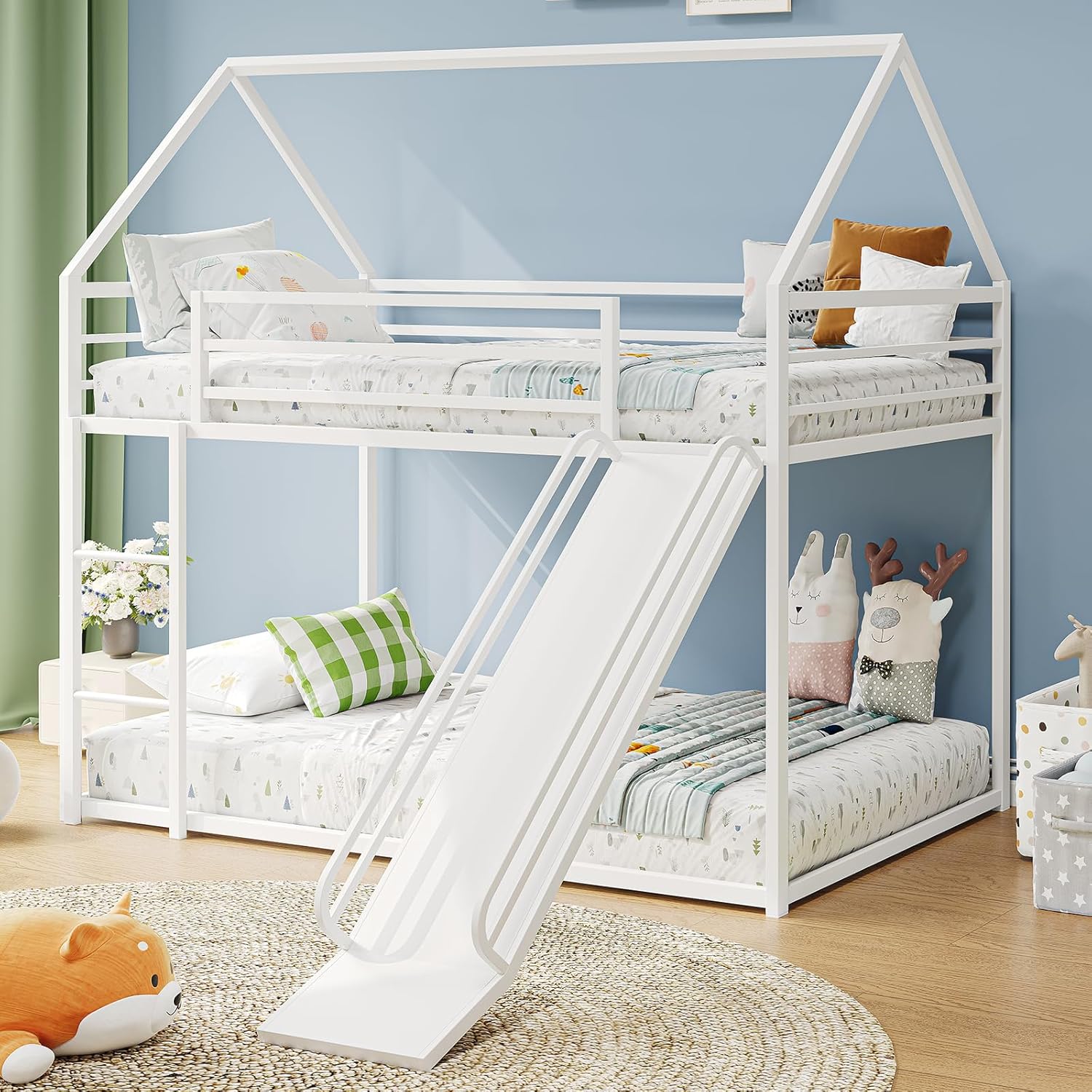 Twin-Over-Twin Low Bunk Bed with Convertible Slide,Montessori Floor Bunk Bed Frame with Full-Length Guardrail,Heavy Duty Metal Bed with House Shape and Roof for Toddlers,White