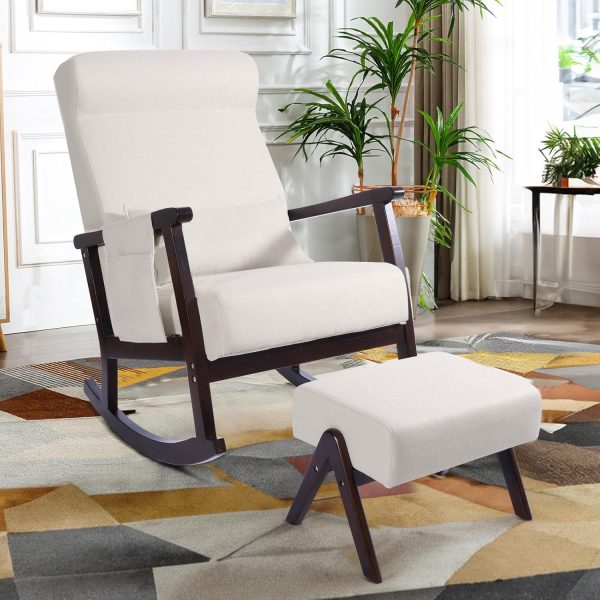 Rocking Chair with Ottoman, Upholstered Nursery Glider with Pillow & Side Pocket, Big and Tall Rocker with Rubberwood Armrests for Living Room, Bedroom & Apartment