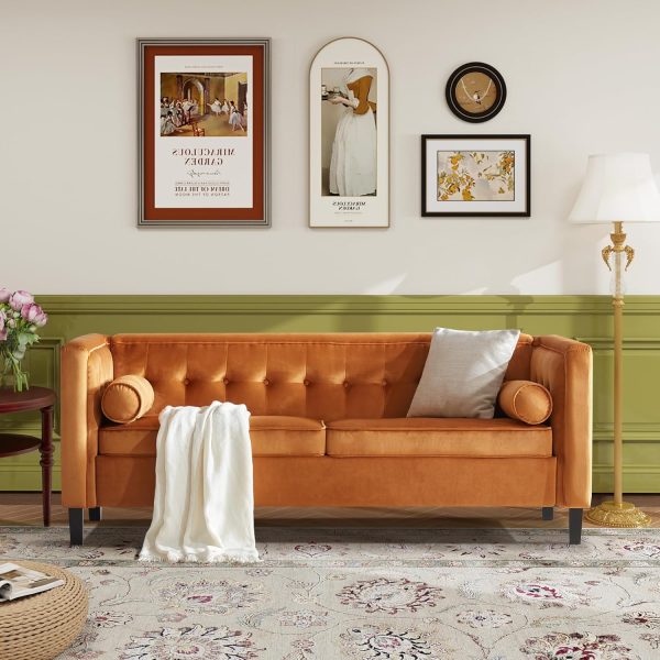 78'' W Velvet Sofa, Mid-Century Love Seats Sofa Furniture with Bolster Pillows, Button Tufted Couch for Living Room, Tool-Free Assembly (Ginger)