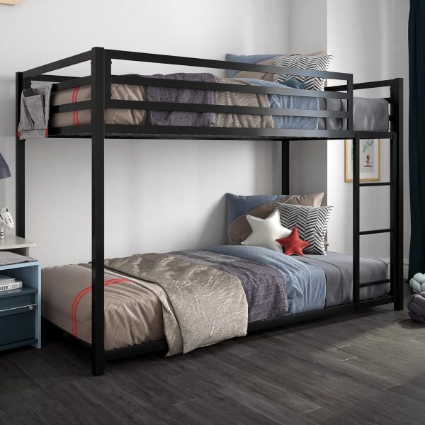 Low Metal Bunk Bed Frame for Kids, With Built-in Ladder, High Guardrail and Metal Slats, Floor Bed Bottom Bunk, No Boxspring Required, For Small Spaces, Twin-Over-Twin, Black