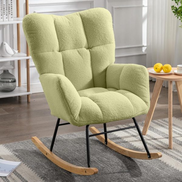 Nursery Rocking Chair Velvet Upholstered Glider Rocker Rocking Accent Chair Padded Seat with High Backrest Armchair Comfy Side Chair for Living Room Bedroom Offices (Olive Green)