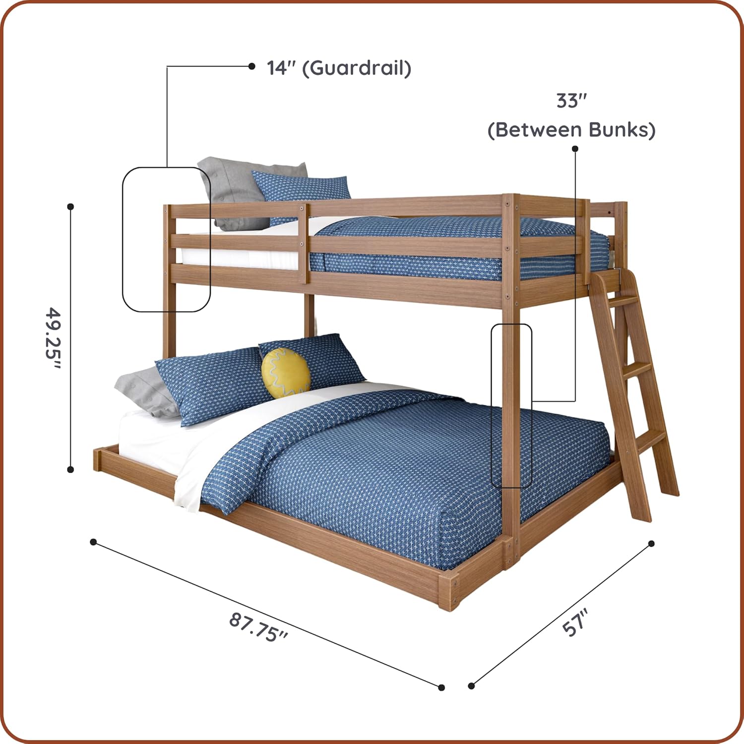 Twin Over Full Bunk Bed, Low Bunk Bed Frame for Kids, Bunk with Ladder, Guardrail, and Slats, No Box Spring Required, Oak Embossed Pecan - Image 2