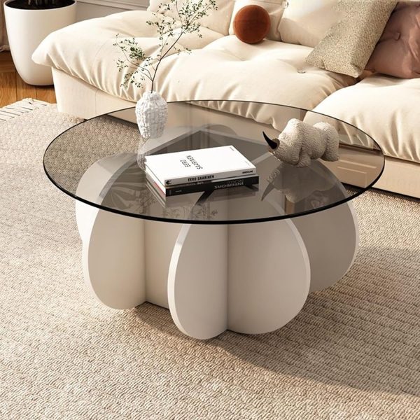 Round Coffee Table, 31.5" White Glass Coffee Tables for Living Room, Unique Circle Coffee Table with Solid Wood Base Abstract Small Center Tabl