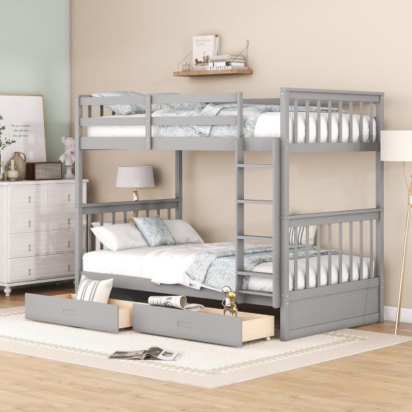 Wood Bunk Bed with Drawers,Convertible Wood Bunk Bed with Ladders and Two Storage Drawers,Solid Wood Detachable Bunk Bed Frame with Ladders,Twin Over Twin Size,Grey