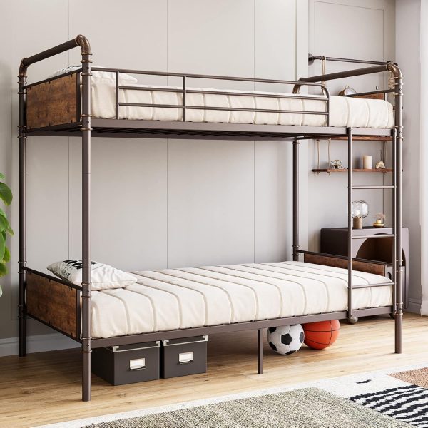 Metal Bunk Bed Twin Over Twin for Kids, Heavy Duty Twin Size Convertible Bunk Bed with Guardrail & Ladders, Noise Free, No Box Spring Needed, Vintage Brown
