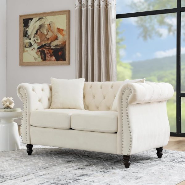 Sofa, Retro Style Upholstered 2 Seater Velvet Couch with Rolled Arm for Living Room Bedroom Office Apartment, Beige