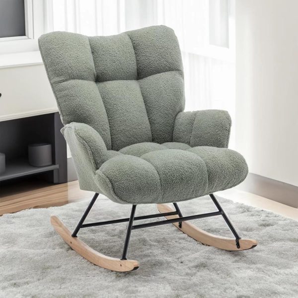 Rocking Chair Nursery Teddy, Upholstered Baby Fluffy Glider Rocker for Adults Small Spaces Indoor, Comfy Sherpa Compact Nursing Chairs for Living Room, Bedroom, Classroom, Green