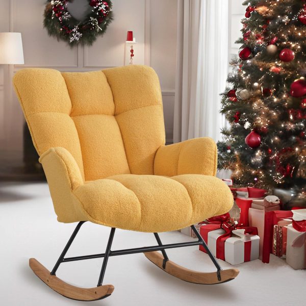 Rocking Chair Nursery Teddy, Upholstered Baby Fluffy Glider Rocker for Adults Small Spaces Indoor, Comfy Sherpa Compact Nursing Chairs for Living Room, Bedroom, Classroom, Yellow