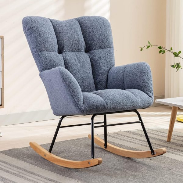 Nursery Rocking Chair Teddy Upholstered Glider Rocker Rocking Accent Chair Padded Seat with High Backrest Armchair Comfy Side Chair for Living Room Bedroom Offices (Light Blue)