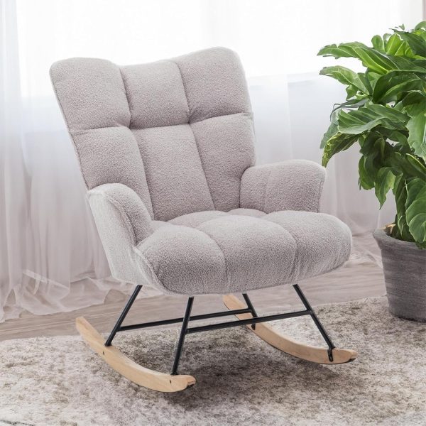 Rocking Chair Nursery Teddy, Upholstered Baby Fluffy Glider Rocker for Adults Small Spaces Indoor, Comfy Sherpa Compact Nursing Chairs for Living Room, Bedroom, Classroom, Grey