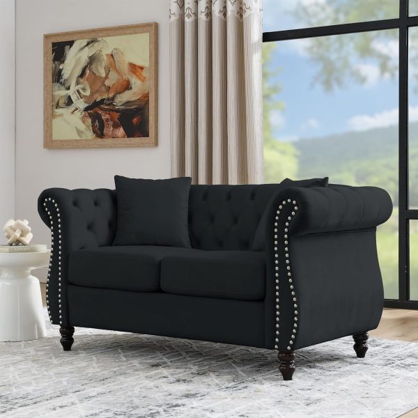 Sofa, Retro Style Upholstered 2 Seater Velvet Couch with Rolled Arm for Living Room Bedroom Office Apartment, Black