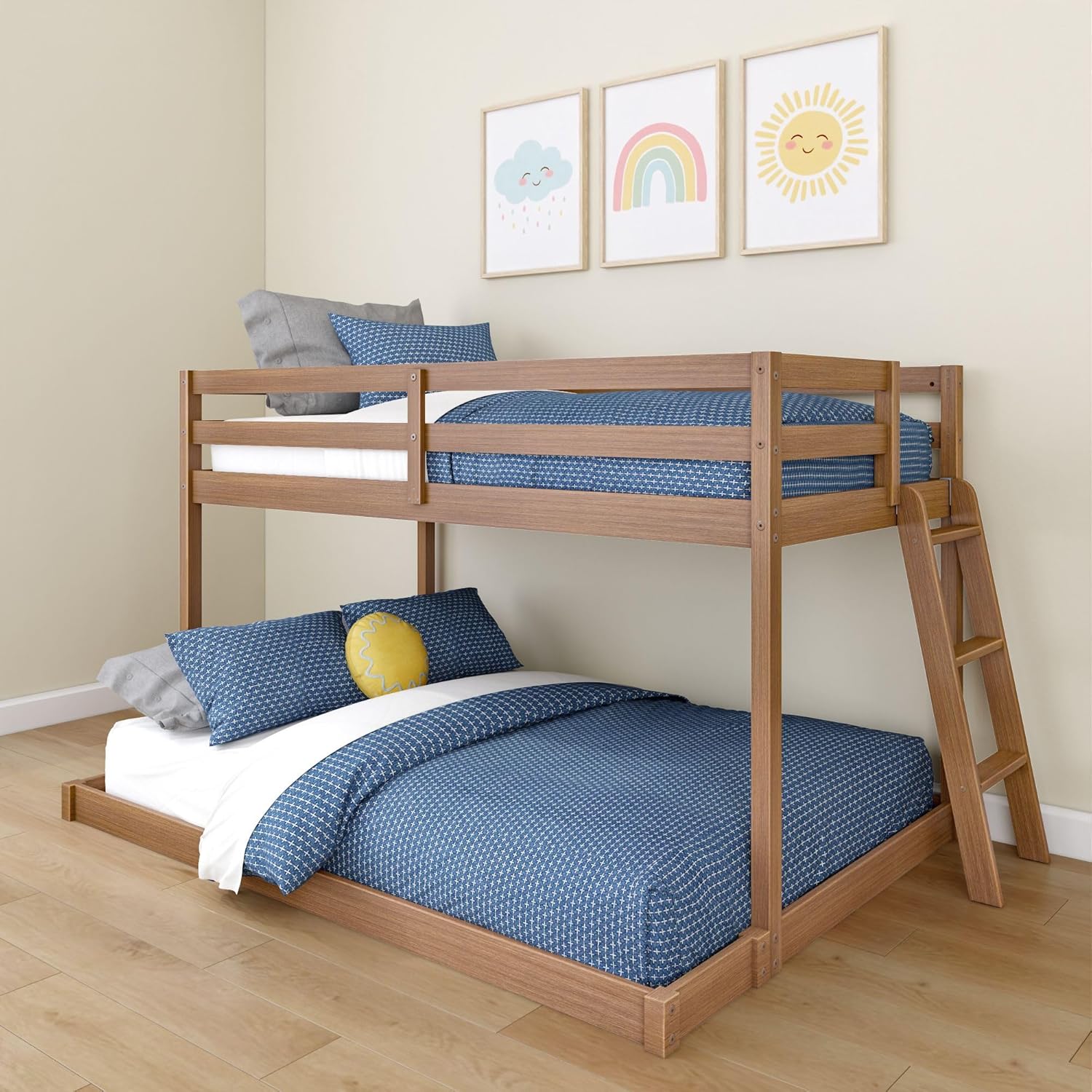 Twin Over Full Bunk Bed, Low Bunk Bed Frame for Kids, Bunk with Ladder, Guardrail, and Slats, No Box Spring Required, Oak Embossed Pecan