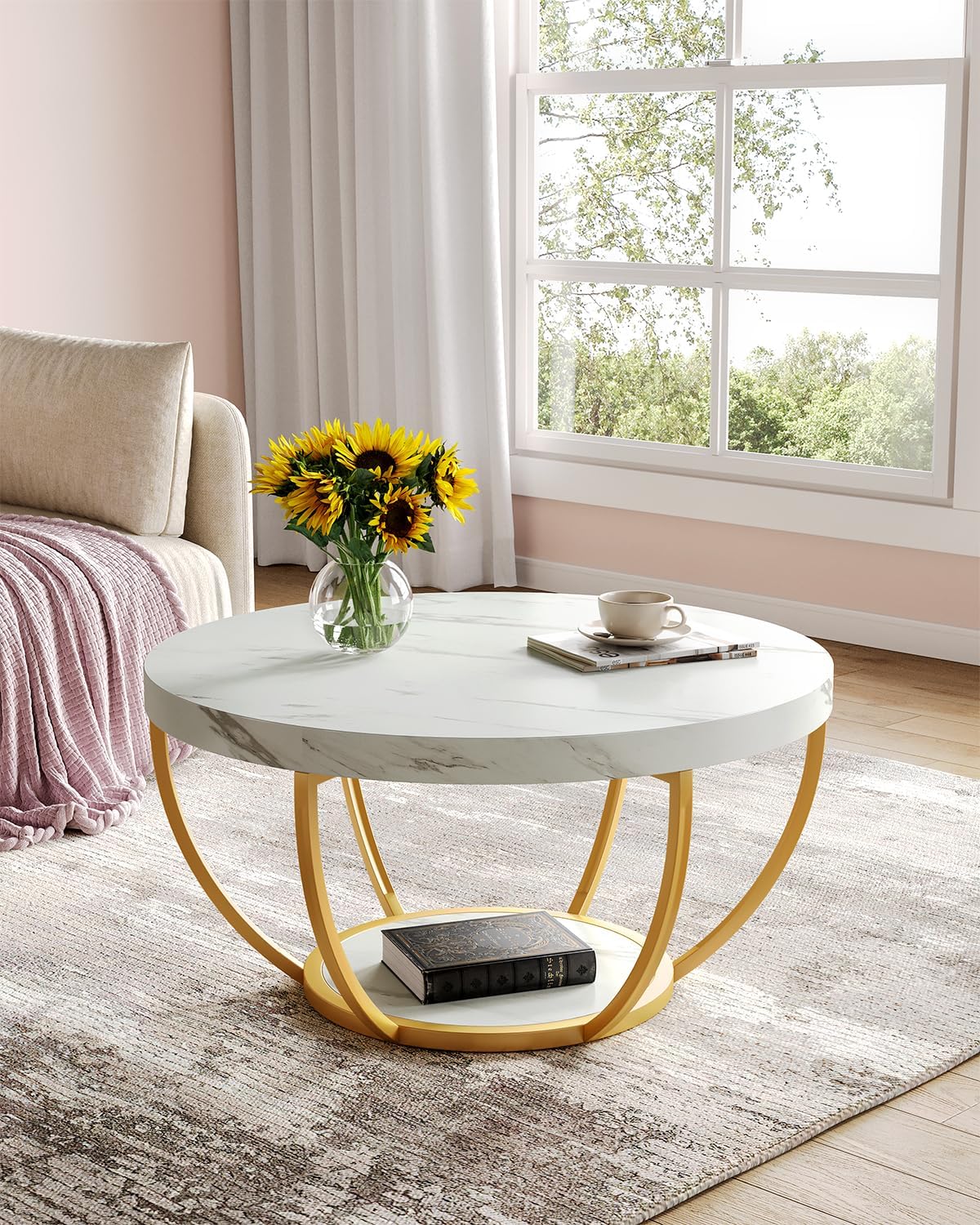 Round Coffee Table, 32" Circle Faux Marble Coffee Tables for Living Room, 2-Tier Golden Metal Legs Accent Center Table with Open Storage Modern Design Home Furniture (White and Gold) - Image 2