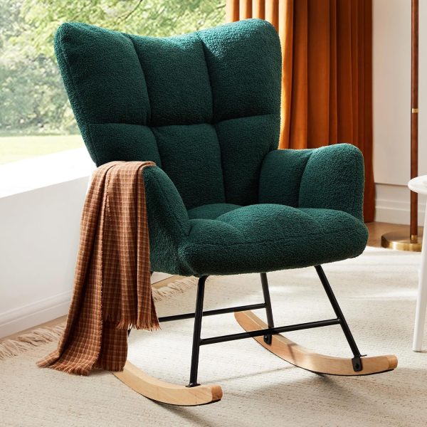 Rocking Chair Nursery, Teddy Upholstered Glider Rocker with High Backrest, Reading Chair Modern Rocking Accent Chairs Glider Recliner for Living Room, Nursery, Bedroom