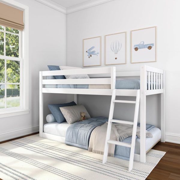 Fundamental Twin Low Bunk Bed, Kids Solid Wood Modern Bed Frame with Strong Wooden Slats, Non-Toxic Finishes, High Weight Capacity, White