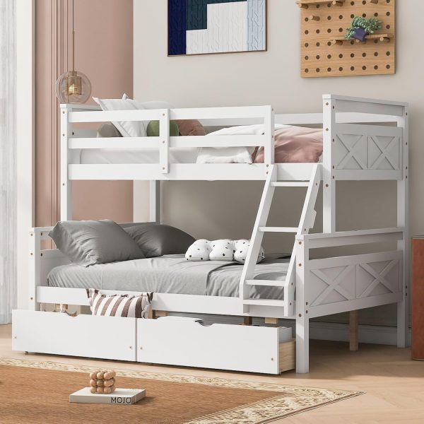 Twin Over Full Bunk Bed with 2 Storage Drawers,Solid Wood Bunk Bed with Ladder and Safety Guardrail for Bedroom Kids Adults, Can be Separated into 2 Beds,White